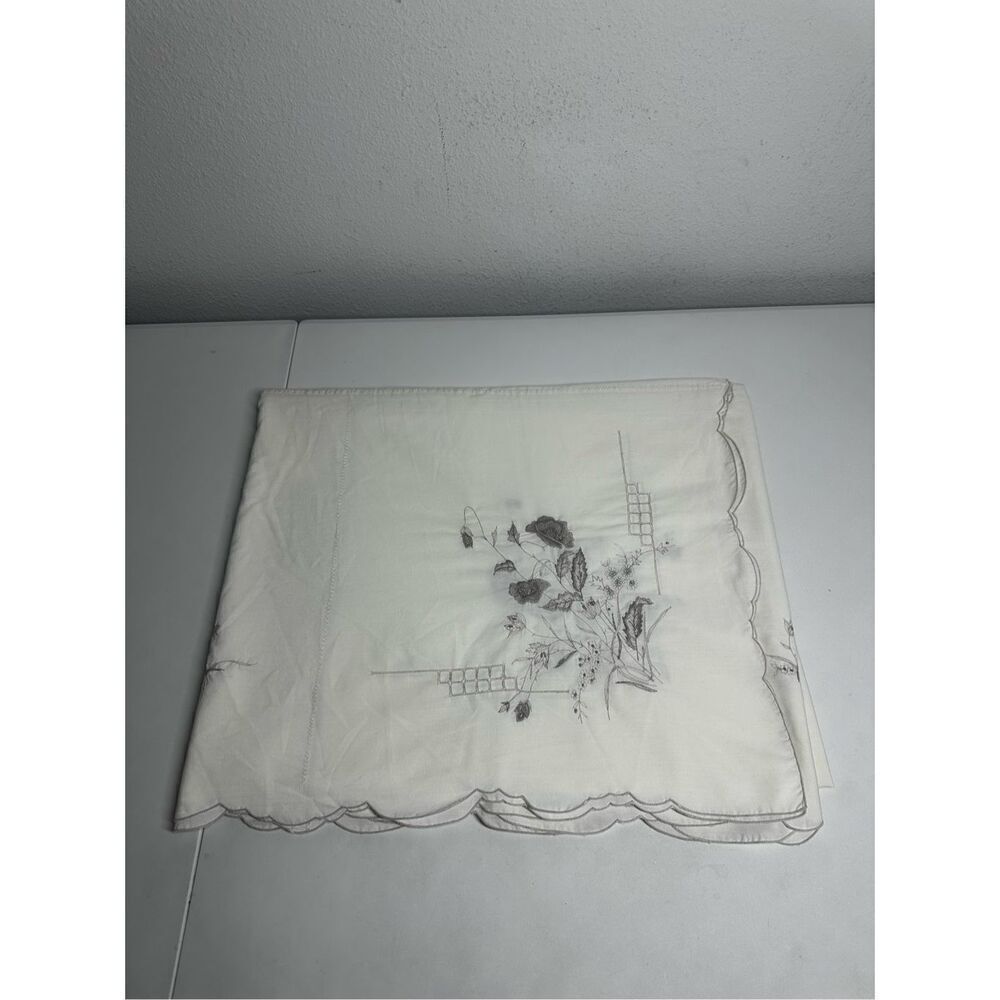 Vintage Embroidered Tablecloth White Gray Size 80” X 68” See Description